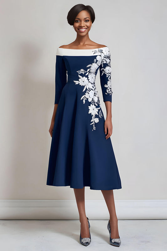 Navy Floral A Line Midi Mother of the Bride Dress with Sleeves