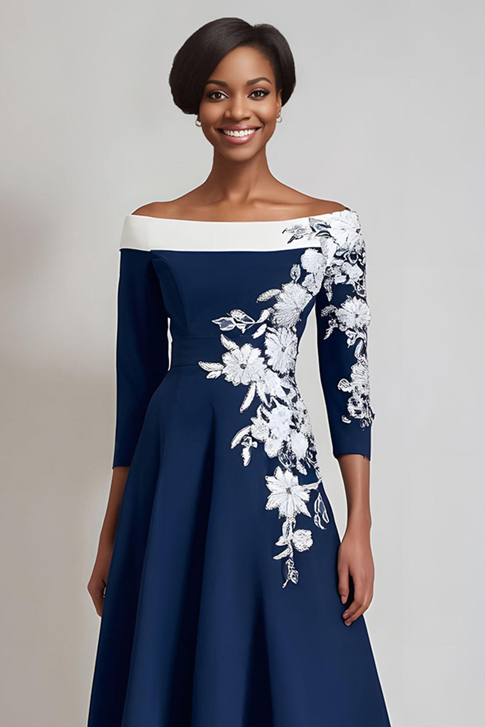 Navy Floral A Line Midi Mother of the Bride Dress with Sleeves