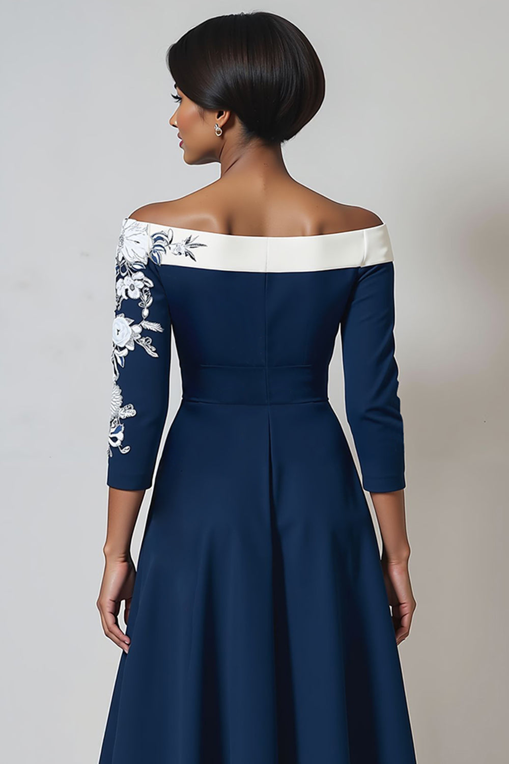Navy Floral A Line Midi Mother of the Bride Dress with Sleeves