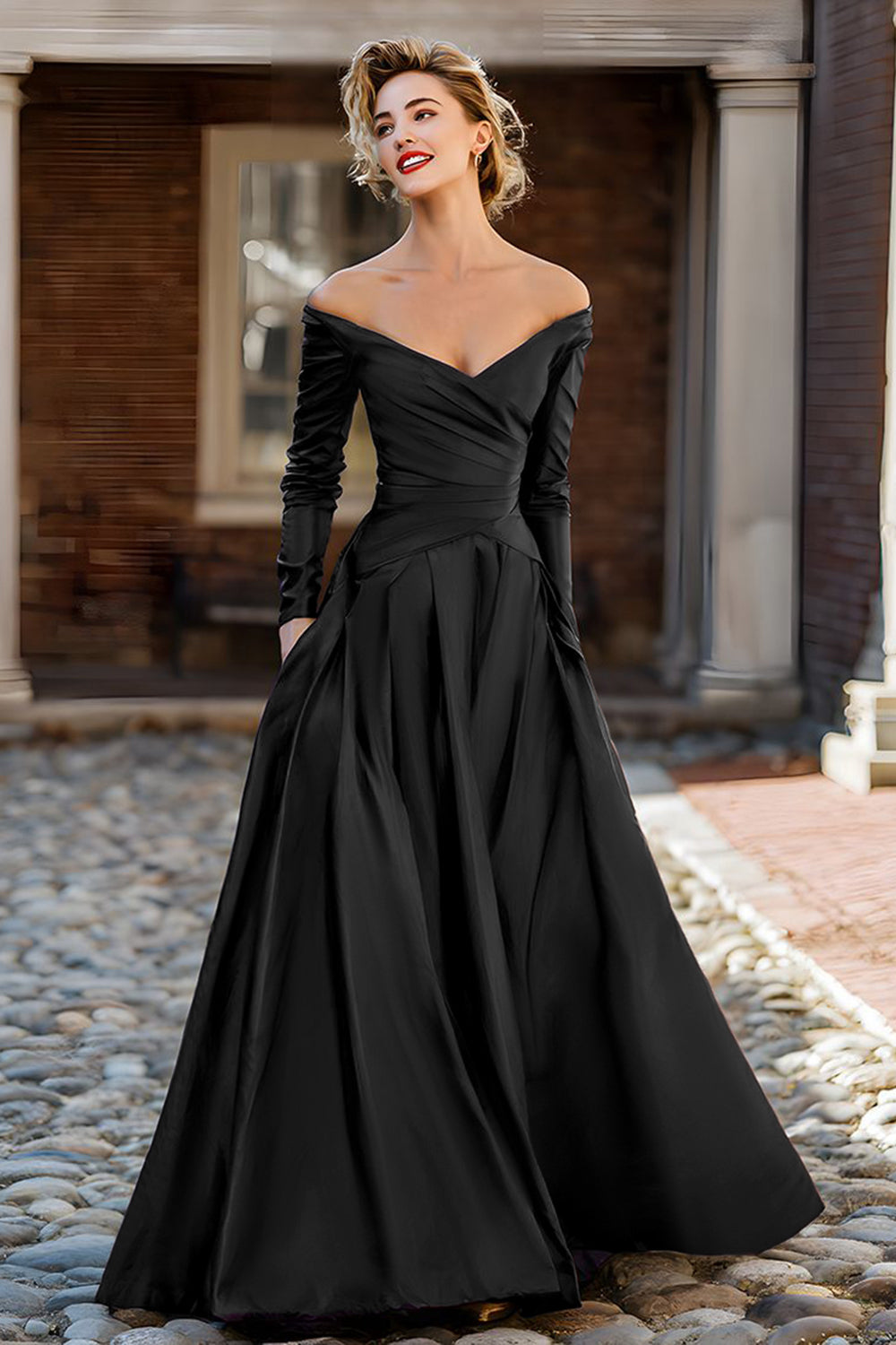Zapakasa Women Plum Long Mother of the Bride Dress with Sleeves Off the Shoulder A Line Wedding Guest Dress with Pockets Zapakasa Women Plum Long Mother of the Bride Dress with Sleeves Off the Shoulder A Line Wedding Guest Dress with Pockets