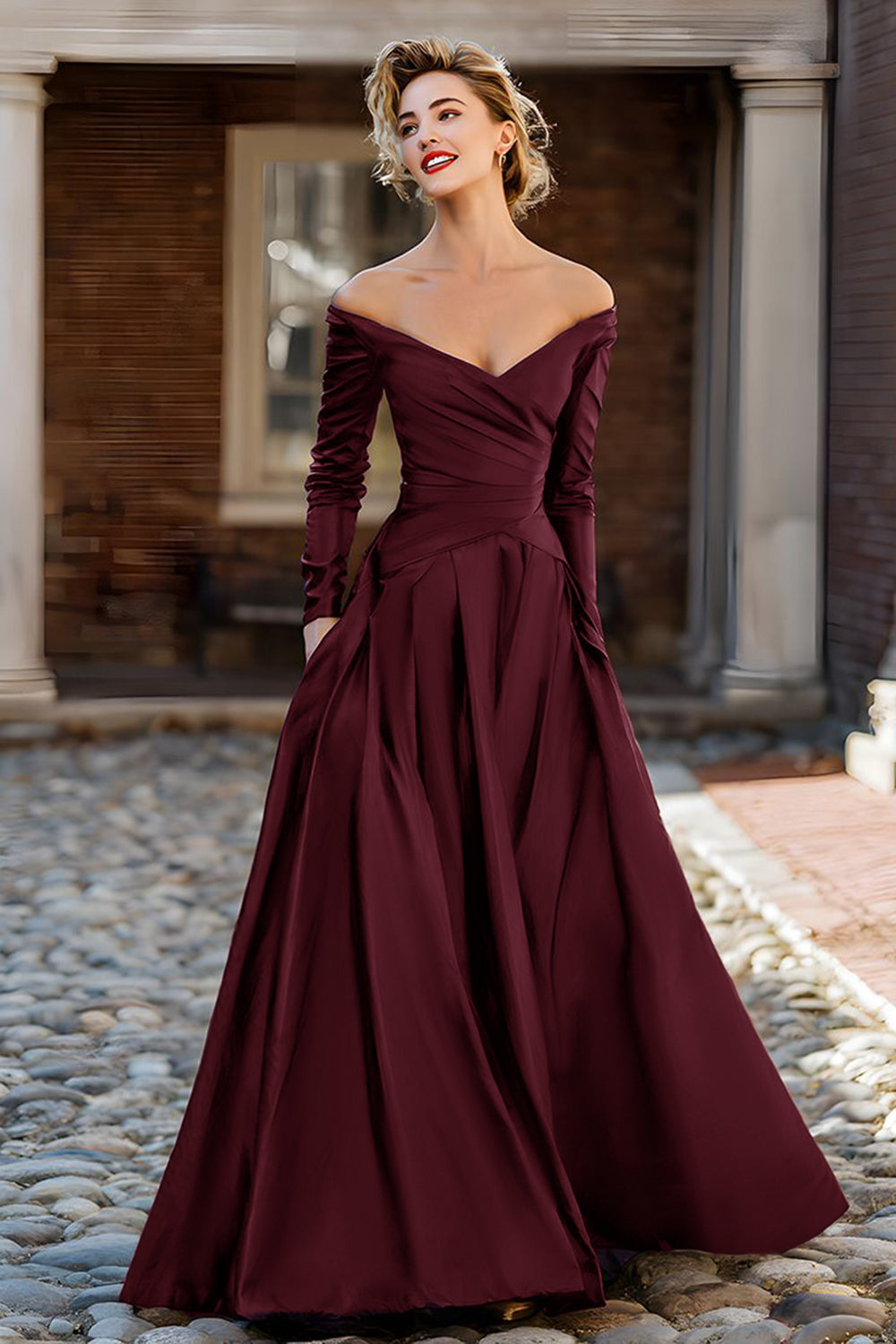 Zapaka Women Plum Taffeta Long Sleeves Mother of The Bride Dress with Pockets Off The Shoulder Ruched A Line Wedding Guest Dress, Burgundy / US20W Zapaka Women Plum Taffeta Long Sleeves Mother of The Bride Dress with Pockets Off The Shoulder Ruched A Line Wedding Guest Dress, Burgundy / US20W