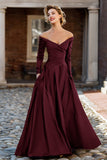 Plum Off the Shoulder A Line Long Mother of the Bride Dress with Sleeves