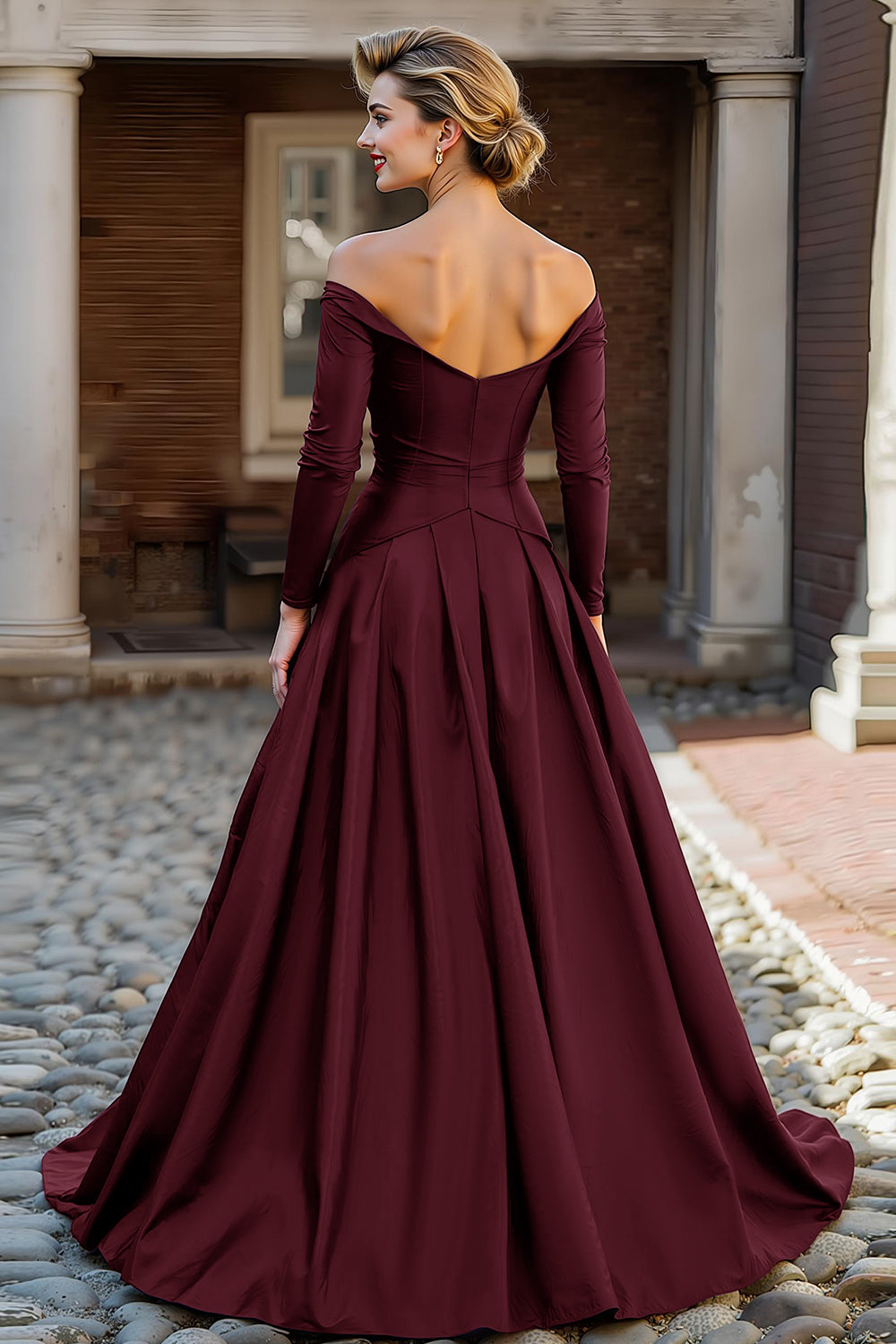 Zapakasa Women Plum Long Mother of the Bride Dress with Sleeves Off the Shoulder A Line Wedding Guest Dress with Pockets Zapakasa Women Plum Long Mother of the Bride Dress with Sleeves Off the Shoulder A Line Wedding Guest Dress with Pockets