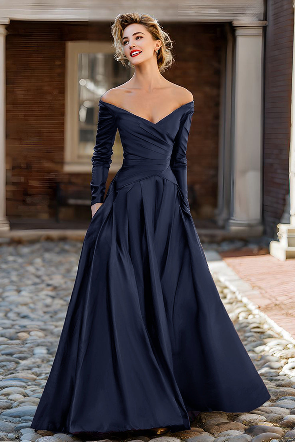 Zapaka Women Plum Taffeta Long Sleeves Mother of The Bride Dress with Pockets Off The Shoulder Ruched A Line Wedding Guest Dress, Navy / US12 Zapaka Women Plum Taffeta Long Sleeves Mother of The Bride Dress with Pockets Off The Shoulder Ruched A Line Wedding Guest Dress, Navy / US12
