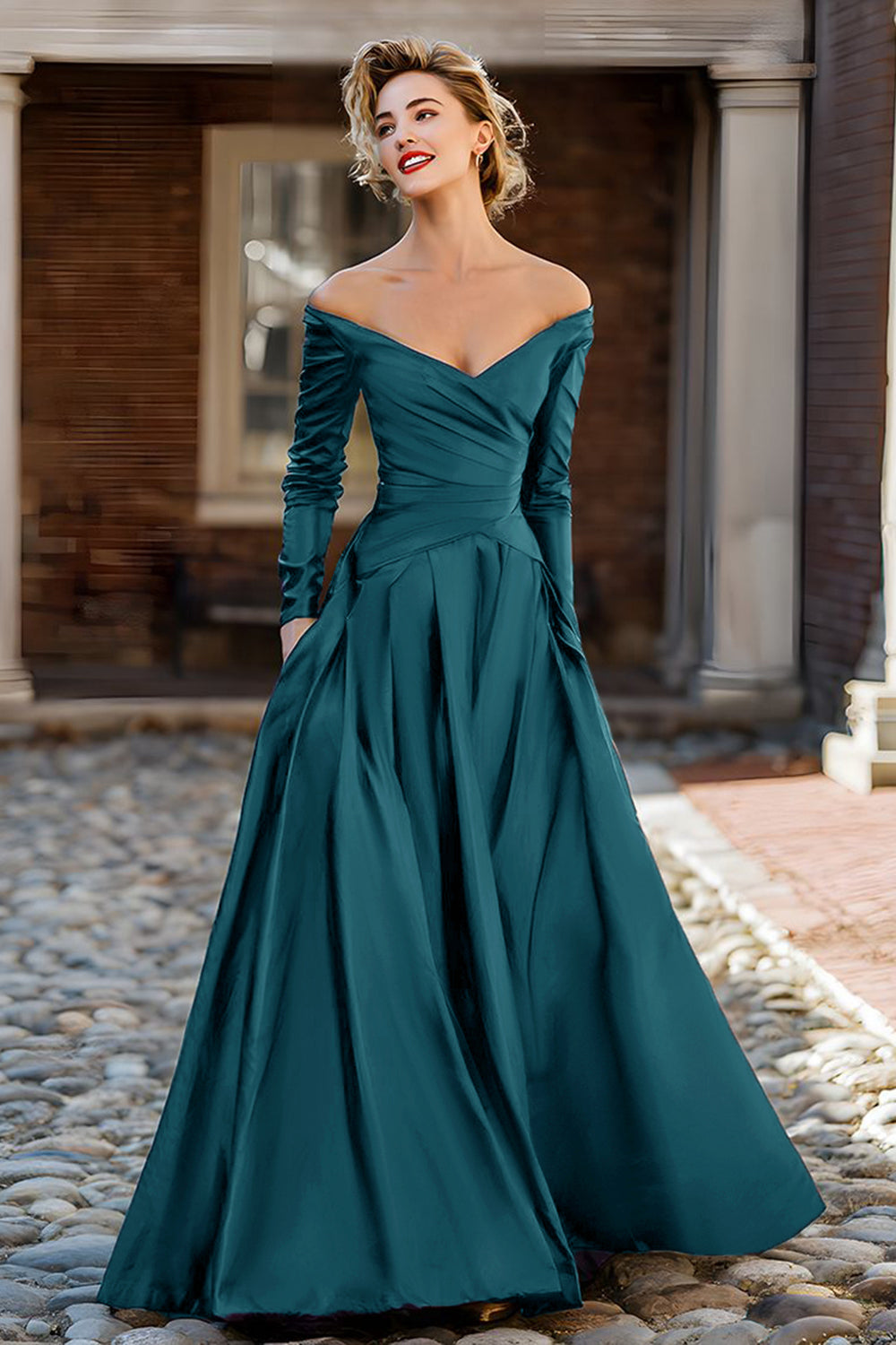 Zapaka Women Plum Taffeta Long Sleeves Mother of The Bride Dress with Pockets Off The Shoulder Ruched A Line Wedding Guest Dress, Peacock Blue / US12 Zapaka Women Plum Taffeta Long Sleeves Mother of The Bride Dress with Pockets Off The Shoulder Ruched A Line Wedding Guest Dress, Peacock Blue / US12