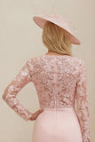 Blush Pink Illusion Boat Neck Midi Mother of the Bride Dress with Lace