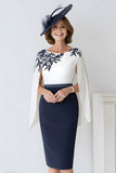 Navy Scoop Neck Satin Midi Mother of the Bride Dress with Sleeves