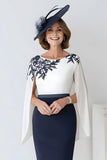 Navy Scoop Neck Satin Midi Mother of the Bride Dress with Sleeves