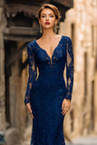 Navy Lace Mermaid V-Neck Long Mother of the Bride Dress