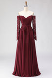 Cabernet Chiffon Lace A Line Long Mother of the Bride Dress with Sleeves