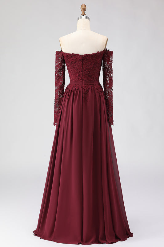 Cabernet Chiffon Lace A Line Long Mother of the Bride Dress with Sleeves