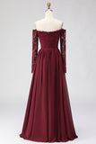 Cabernet Chiffon Lace A Line Long Mother of the Bride Dress with Sleeves