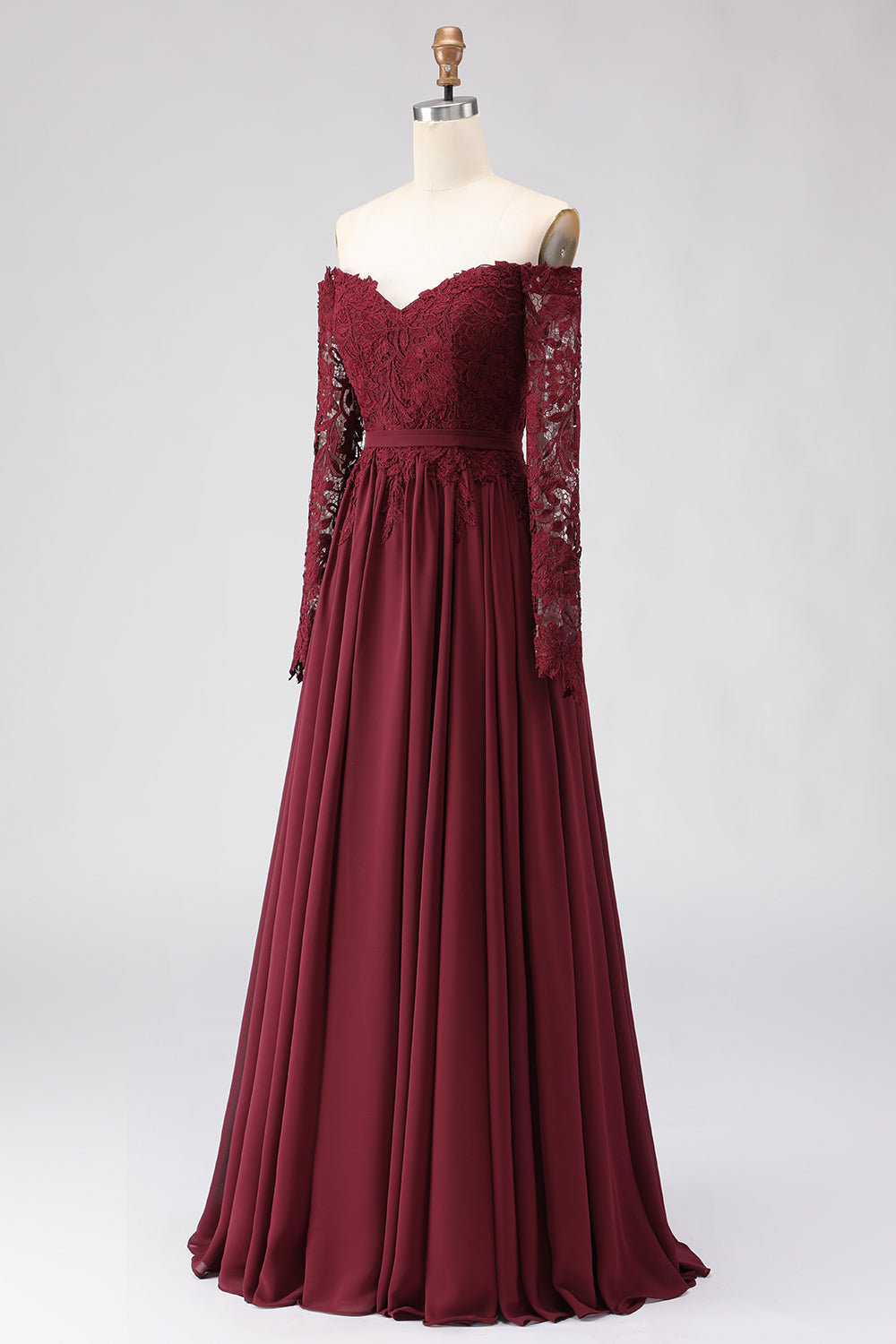 Cabernet Chiffon Lace A Line Long Mother of the Bride Dress with Sleeves