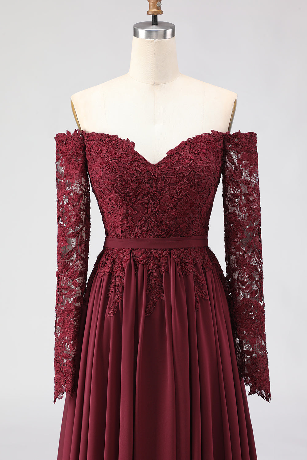 Cabernet Chiffon Lace A Line Long Mother of the Bride Dress with Sleeves