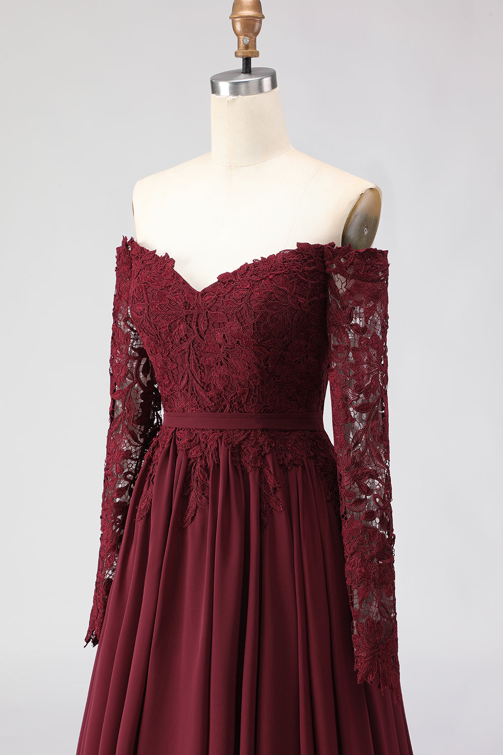 Cabernet Chiffon Lace A Line Long Mother of the Bride Dress with Sleeves