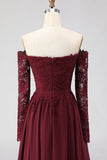 Cabernet Chiffon Lace A Line Long Mother of the Bride Dress with Sleeves