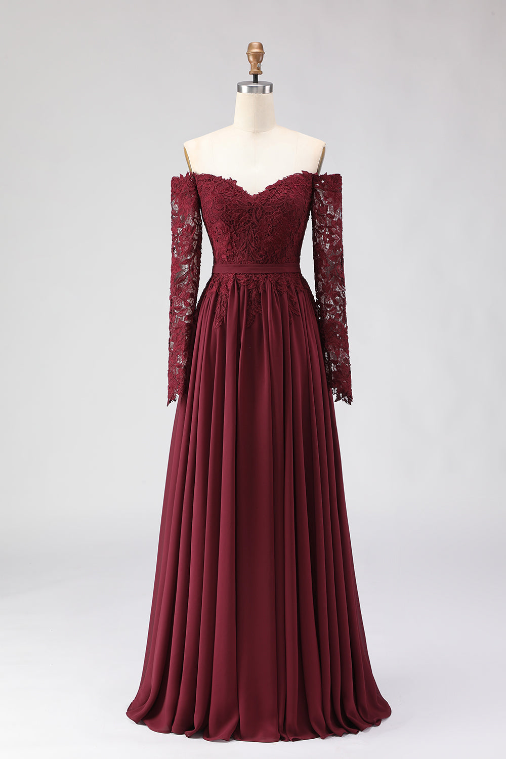 Cabernet Chiffon Off the Shouldler Long Sleeves Mother of the Bride Dress with Lace