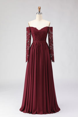 Cabernet Chiffon Lace A Line Long Mother of the Bride Dress with Sleeves