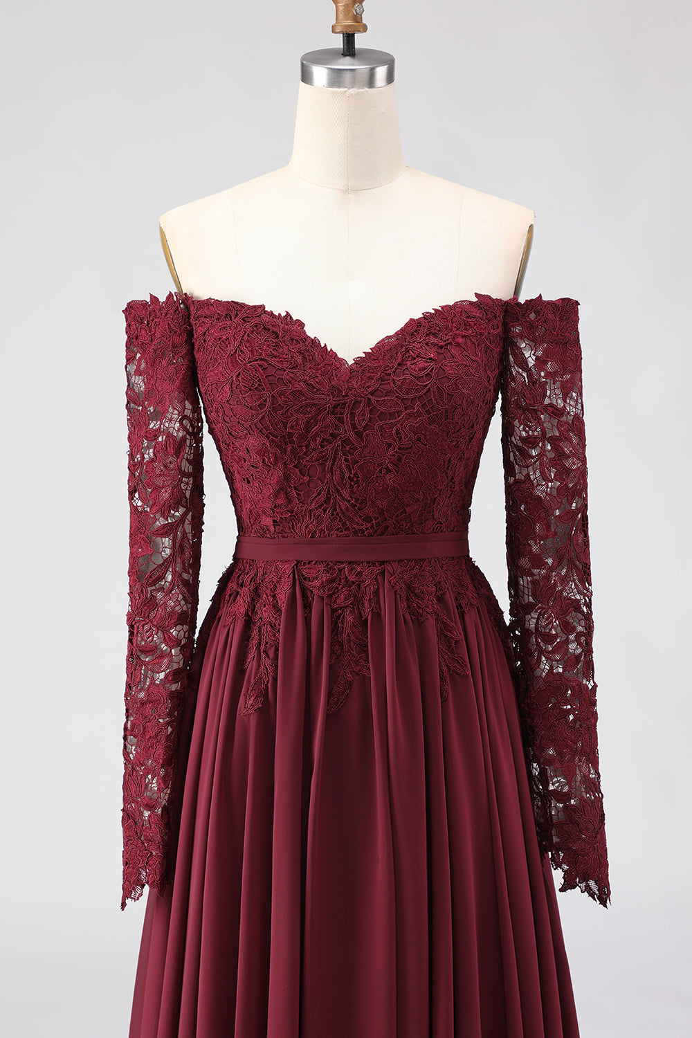 Cabernet Chiffon Lace A Line Long Mother of the Bride Dress with Sleeves