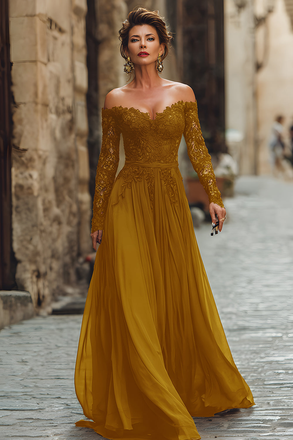 Cabernet A Line Chiffon Long Mother of the Bride Dress with Lace