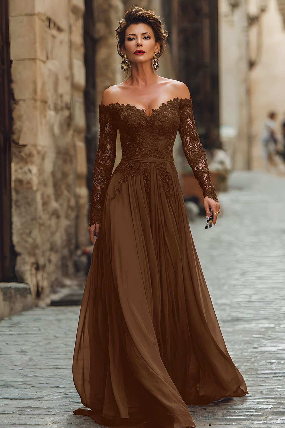 Zapakasa Women Cabernet Chiffon Long Sleeves Mother of the Bride Dress with Lace A Line Off the Shoulder Wedding Guest Dress Zapakasa Women Cabernet Chiffon Long Sleeves Mother of the Bride Dress with Lace A Line Off the Shoulder Wedding Guest Dress