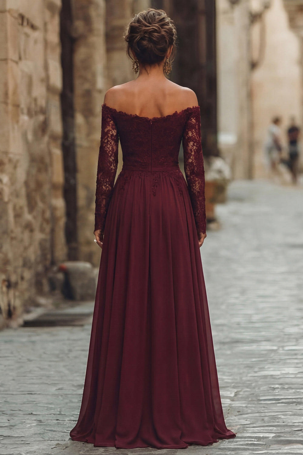 Zapaka Women Cabernet Chiffon Long Sleeves Mother of the Bride Dress with Lace A Line Off the Shoulder Wedding Guest Dress, Cabernet / custom