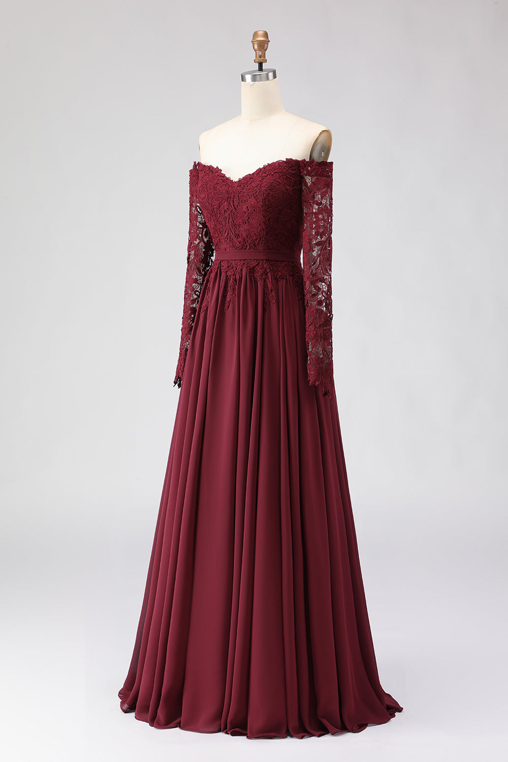 Cabernet Chiffon Lace A Line Long Mother of the Bride Dress with Sleeves