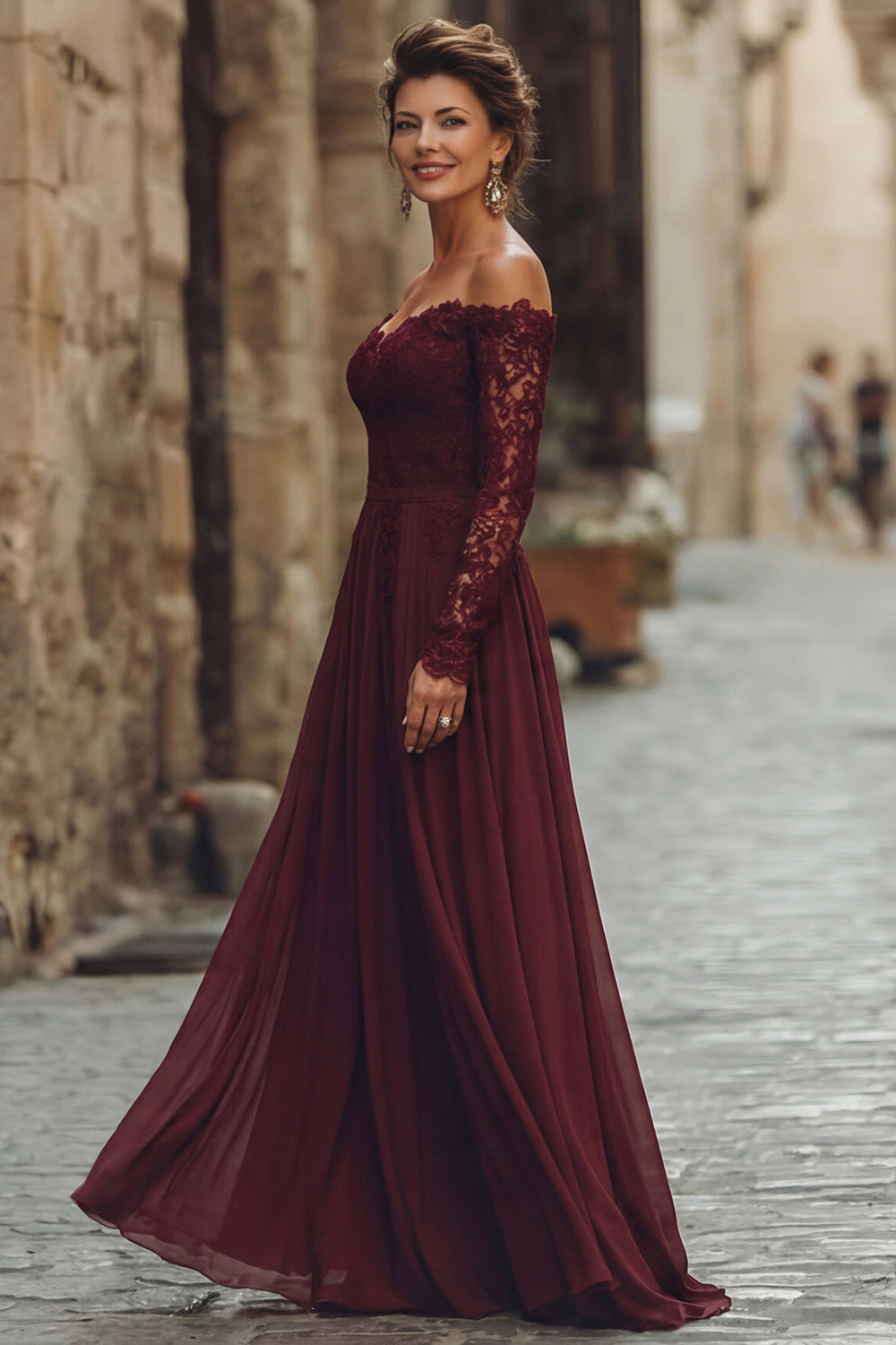 Cabernet Chiffon Off the Shouldler Long Sleeves Mother of the Bride Dress with Lace