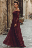 Cabernet Chiffon Off the Shouldler Long Sleeves Mother of the Bride Dress with Lace