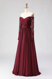 Cabernet Chiffon Lace A Line Long Mother of the Bride Dress with Sleeves
