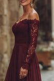 Cabernet Chiffon Off the Shouldler Long Sleeves Mother of the Bride Dress with Lace