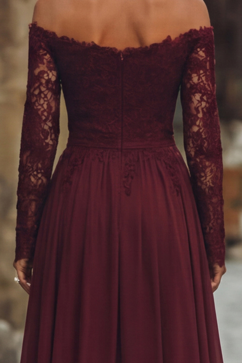 Cabernet Chiffon Off the Shouldler Long Sleeves Mother of the Bride Dress with Lace
