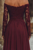 Cabernet Chiffon Off the Shouldler Long Sleeves Mother of the Bride Dress with Lace