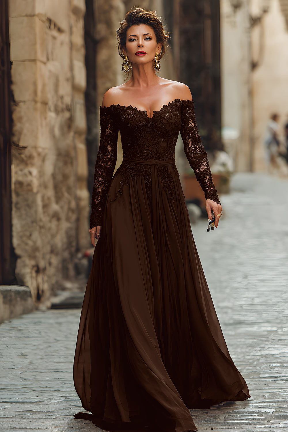 Zapakasa Women Cabernet Chiffon Long Sleeves Mother of the Bride Dress with Lace A Line Off the Shoulder Wedding Guest Dress Zapakasa Women Cabernet Chiffon Long Sleeves Mother of the Bride Dress with Lace A Line Off the Shoulder Wedding Guest Dress