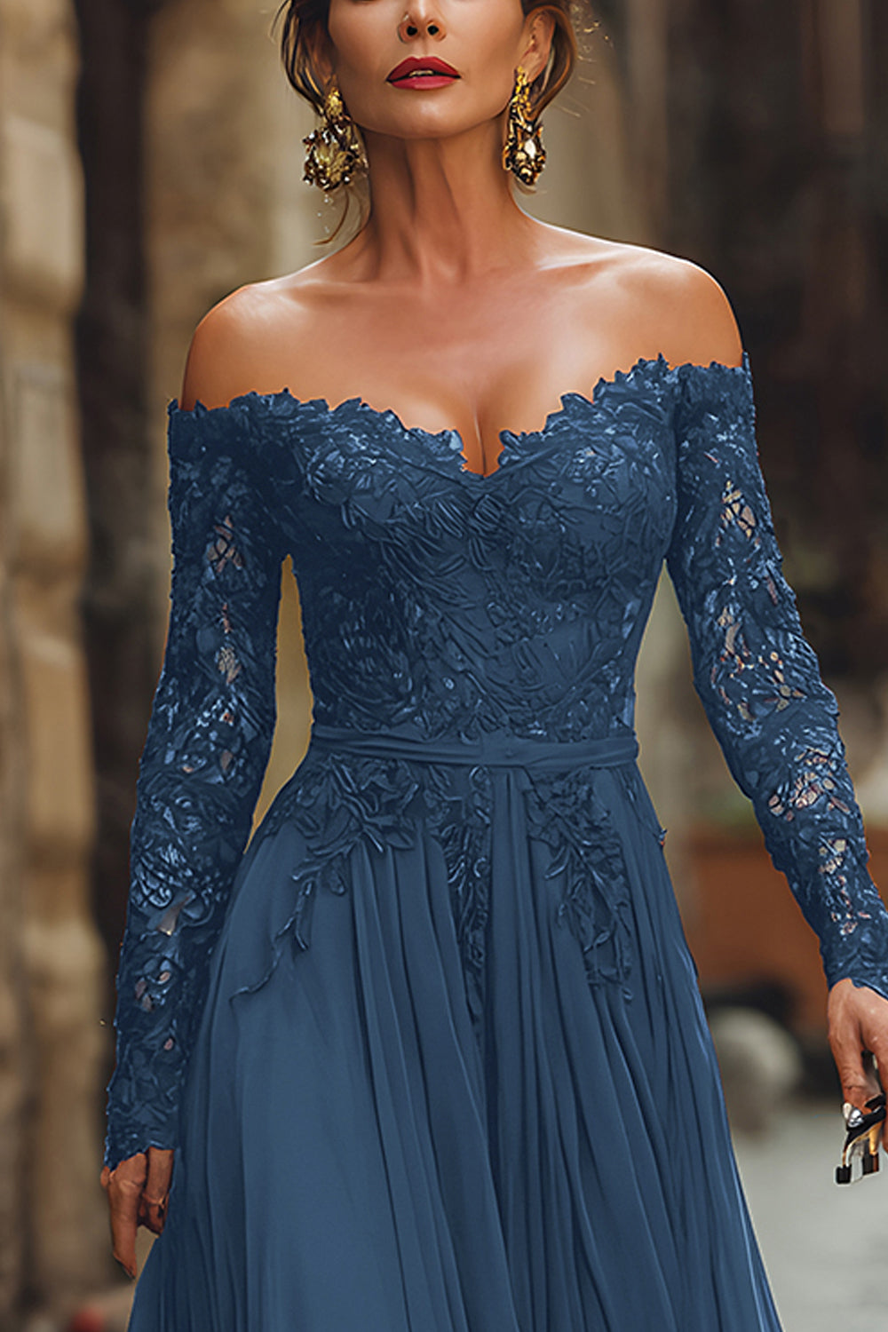 Cabernet Chiffon Off the Shouldler Long Sleeves Mother of the Bride Dress with Lace