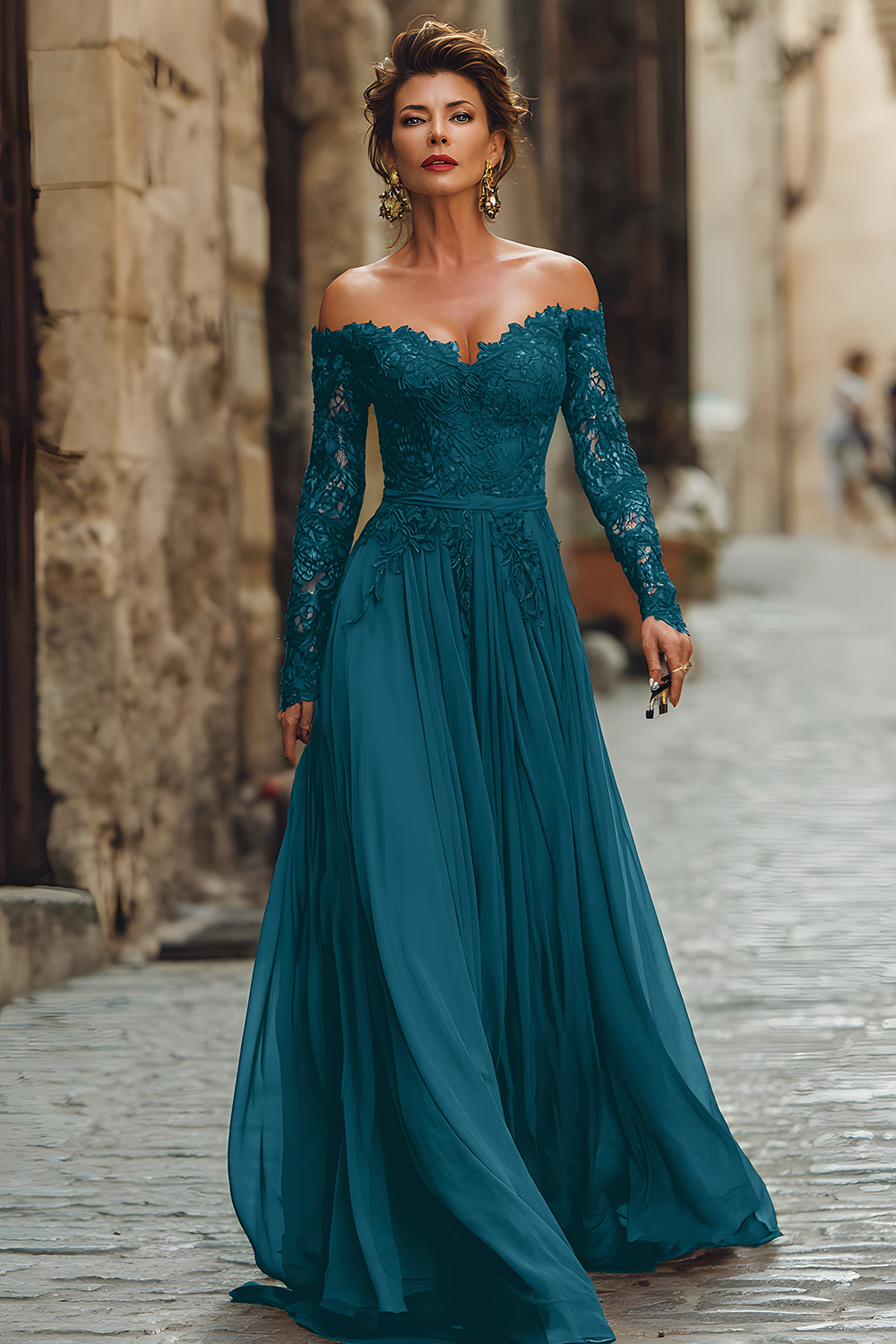 long sleeve chiffon wedding guest dress Elegant Pleated A-Line Long Sleeve Chiffon Midi Dress for Wedding Guests