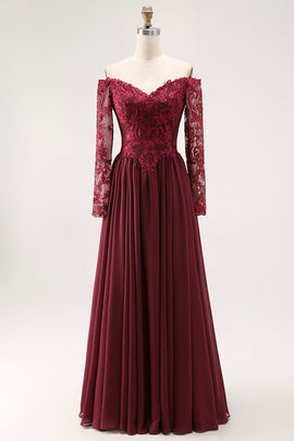 Cabernet Chiffon A Line Long Mother of the Bride Dress with Lace