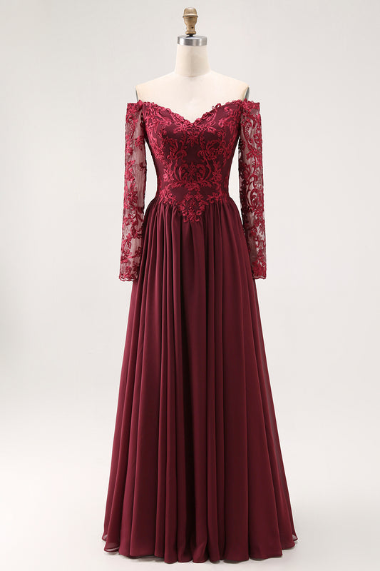 Cabernet Chiffon A Line Long Mother of the Bride Dress with Lace