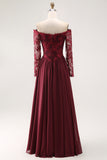 Cabernet Chiffon A Line Long Mother of the Bride Dress with Lace