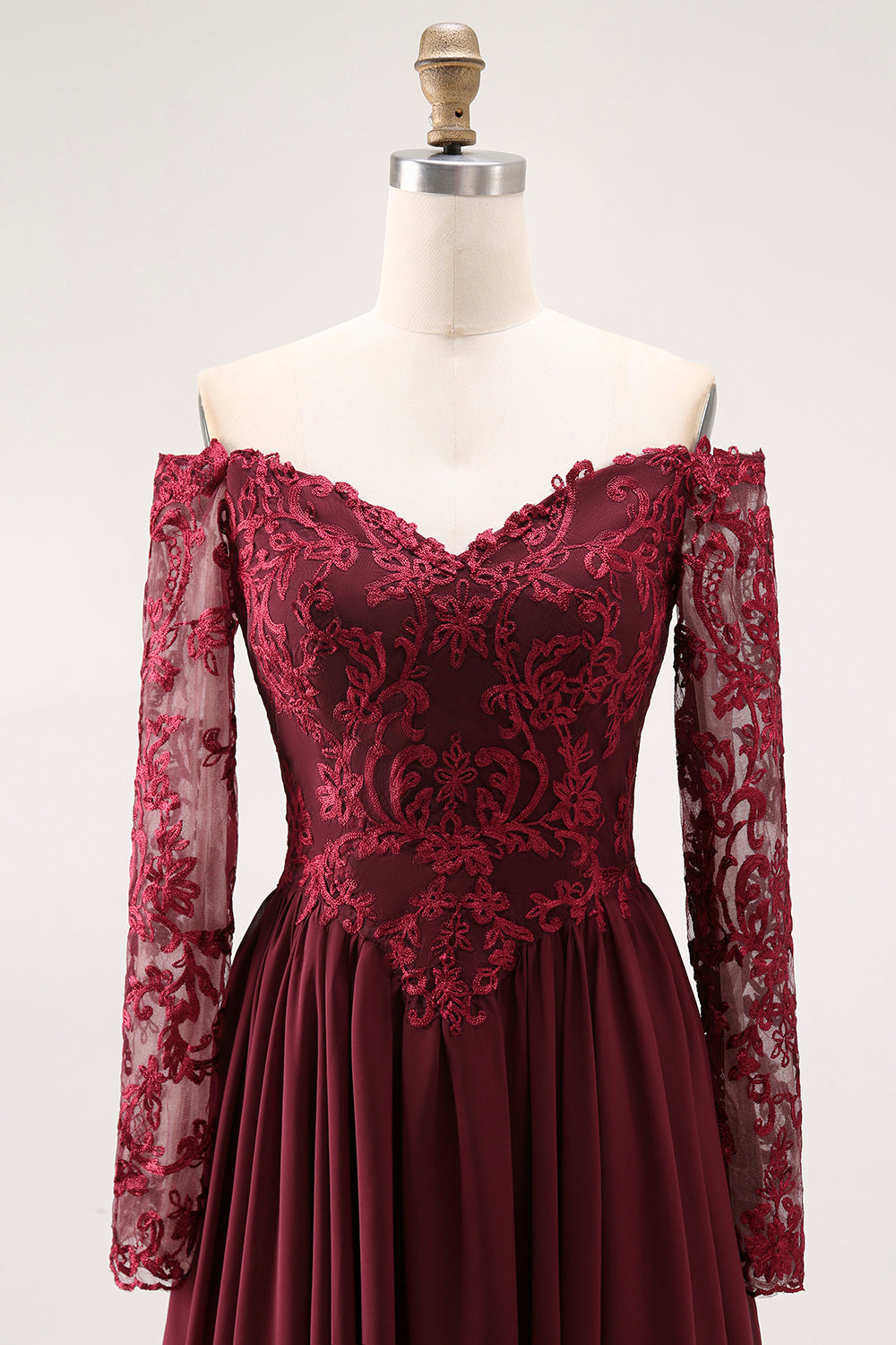 Cabernet Chiffon A Line Long Mother of the Bride Dress with Lace