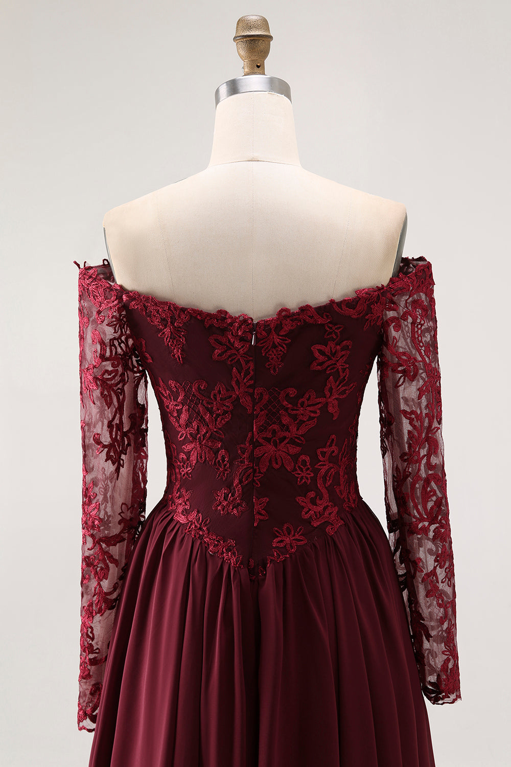 Cabernet Chiffon A Line Long Mother of the Bride Dress with Lace