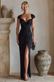 Black Cap Sleeves Ruched Long Mother of the Bride Dress with Slit