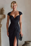 Black Cap Sleeves Ruched Long Mother of the Bride Dress with Slit