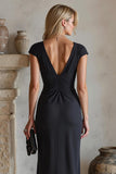 Black Cap Sleeves Ruched Long Mother of the Bride Dress with Slit