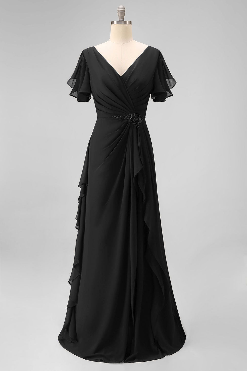 Navy Chiffon V-Neck A Line Ruched Long Mother Of The Bride Dress with Ruffles