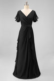 Navy Chiffon V-Neck A Line Ruched Long Mother Of The Bride Dress with Ruffles