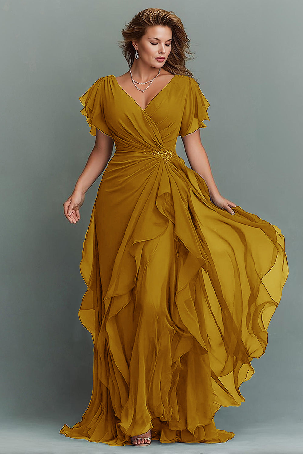 Navy Chiffon V-Neck Ruched Long  with Ruffles