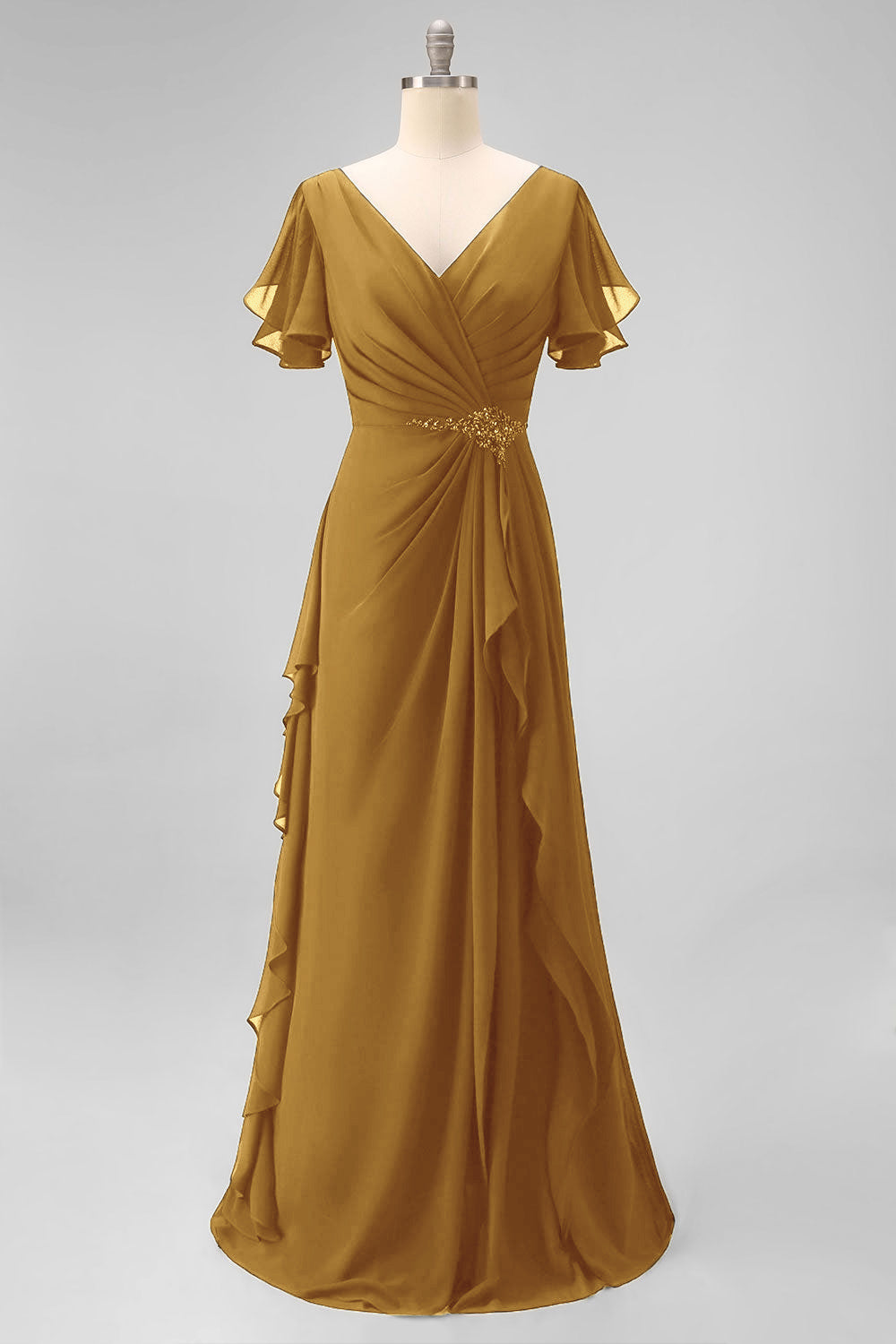 Navy Chiffon V-Neck A Line Ruched Long Mother Of The Bride Dress with Ruffles