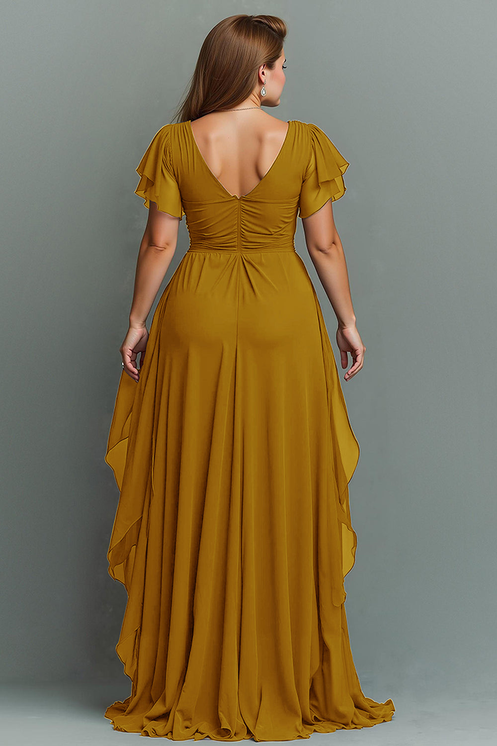 Navy Chiffon V-Neck Ruched Long  with Ruffles