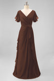 Navy Chiffon V-Neck A Line Ruched Long Mother Of The Bride Dress with Ruffles